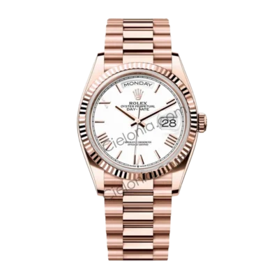 Rolex Day-Date 40mm 228235 Everose Gold watch with white sundust dial, Roman numeral hour markers, fluted bezel President Bracelet on asia 3255