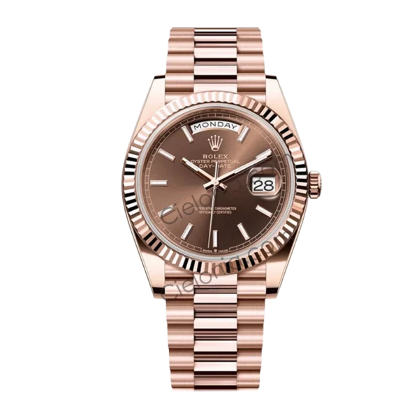 Rolex Day-Date 40mm Everose Gold Chocolate Dial Fluted Bezel President Bracelet Watch 228235