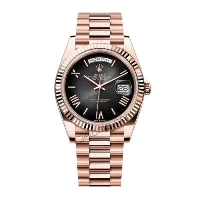 Rolex Day-Date 40mm 228235 Everose Gold watch with Black sun dust dial, Roman numeral hour markers, fluted bezel President Bracelet on asia 3255