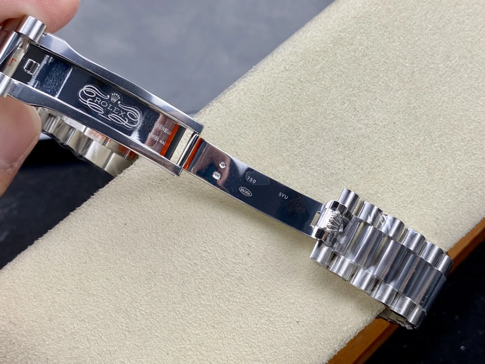Day-Date 40mm 228236 Watch ARF 1:1 Best Edition with Grey Dial, Fluted Bezel, and President Bracelet On Asia 3255 8 Rolex Day-Date 18K white gold clasp, 750 hallmark, presidential bracelet