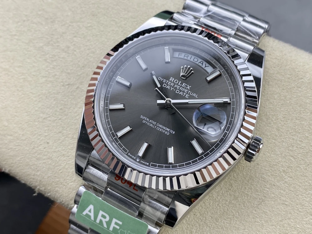 Day-Date 40mm 228236 Watch ARF 1:1 Best Edition with Grey Dial, Fluted Bezel, and President Bracelet On Asia 3255 4 Rolex Day-Date 40mm Grey Dial Baguette Diamond Hour Markers ARF Replica Close Up