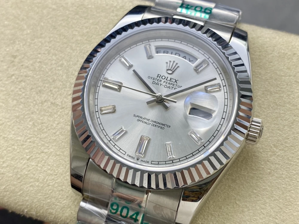Day-Date 40mm 228236 Watch ARF 1:1 Best Edition with Silver Dial, Fluted Bezel, and President Bracelet On Asia 3255 4 Rolex Day-Date 40mm Silver Dial Baguette Diamond Hour Markers ARF Replica Close Up
