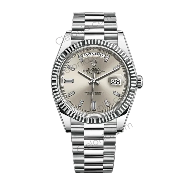 M228236 0002 Rolex Day-Date 40mm Platinum Silver Baguette Diamond Dial ARF Replica Watch Main Image