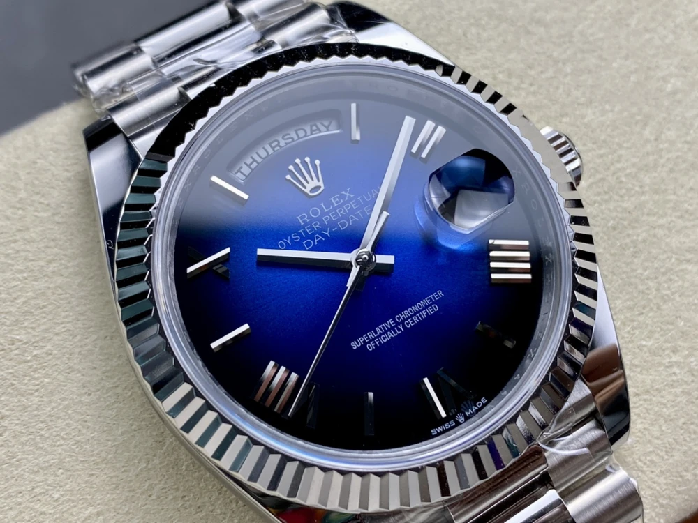 Day-Date 40mm 228236 ARF 1:1 Edition Gradient Blue Roman Dial Fluted Bezel on President Bracelet Asia3255 3 Angled Close-up of Rolex Day-Date 40 White Gold Fluted Bezel Gradient Blue Dial Watch