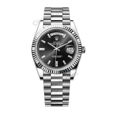 M228236 0004 Rolex Day-Date 40mm Platinum Black Baguette Diamond Dial ARF Replica Watch Main Image