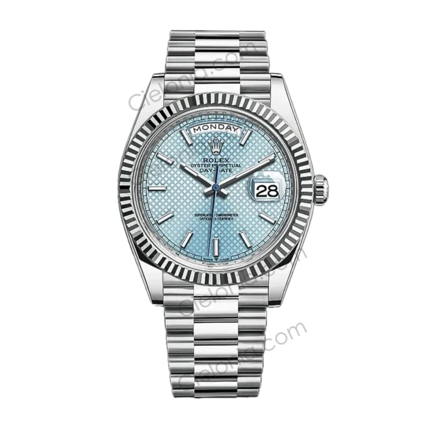 Rolex Day-Date 40mm Platinum Ice Blue Baguette Diamond Dial ARF Replica Watch Main Image