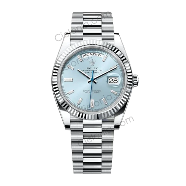 Rolex Day-Date 40 Platinum Ice Blue Baguette Diamond Dial ARF Replica Watch