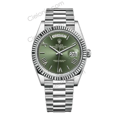 M228236 0008 Rolex Oyster Perpetual Day-Date 40 White Gold Green Dial Roman Numerals President Bracelet Watch