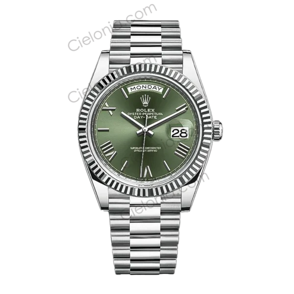 Rolex Oyster Perpetual Day-Date 40 White Gold Green Dial Roman Numerals President Bracelet Watch