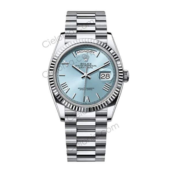Rolex Oyster Perpetual Day-Date 40 White Gold Ice Blue Dial Roman Numerals President Bracelet Watch