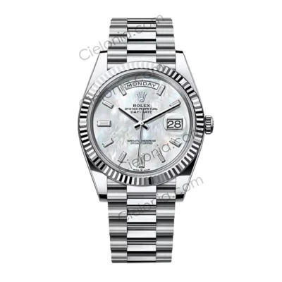 M228236 0026 Rolex Day-Date 40mm Platinum Mother-of-Pearl Baguette Diamond Dial ARF Replica Watch Main Image
