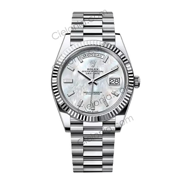 Rolex Day-Date 40mm Platinum Mother-of-Pearl Baguette Diamond Dial ARF Replica Watch Main Image