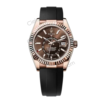 M336235 0002 Rolex Sky‑Dweller rose gold plated 904L stainless steel case with Chocolate dial and black soft rubber strap