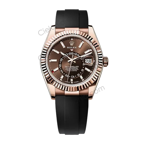 Rolex Sky‑Dweller rose gold plated 904L stainless steel case with Chocolate dial and black soft rubber strap