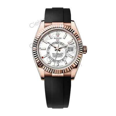 M336235 0003 Rolex Sky‑Dweller rose gold plated 904L stainless steel case with white dial and black soft rubber strap