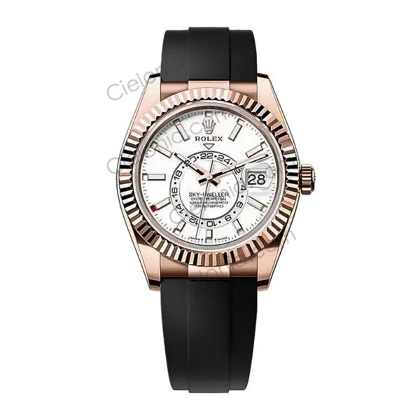 Rolex Sky‑Dweller rose gold plated 904L stainless steel case with white dial and black soft rubber strap