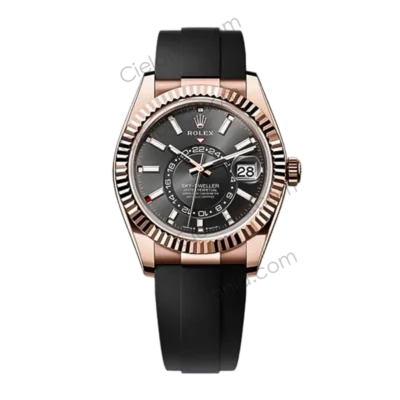 M336235 0004 Rolex Sky‑Dweller rose gold plated 904L stainless steel case with Black dial and black soft rubber strap