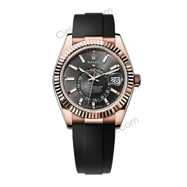 Rolex Sky‑Dweller rose gold plated 904L stainless steel case with Black dial and black soft rubber strap
