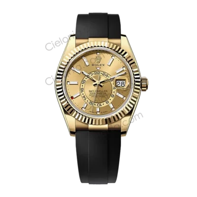 M336238 0001 Rolex Sky‑Dweller Yello gold plated 904L stainless steel case with Gold dial and black soft rubber strap