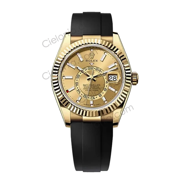Rolex Sky‑Dweller Yello gold plated 904L stainless steel case with Gold dial and black soft rubber strap