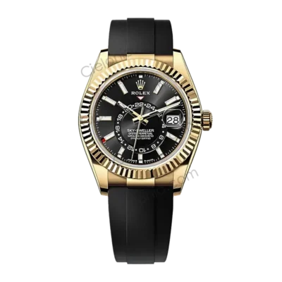 M336238 0002 Rolex Sky‑Dweller Yello gold plated 904L stainless steel case with Black dial and black soft rubber strap