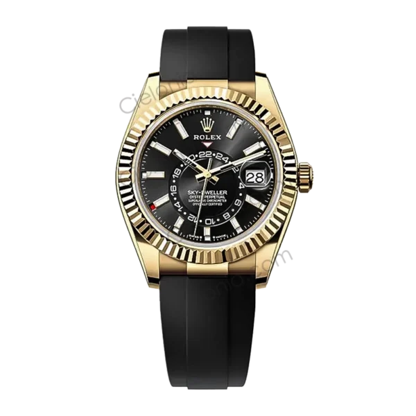 Rolex Sky‑Dweller Yello gold plated 904L stainless steel case with Black dial and black soft rubber strap