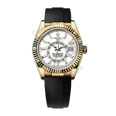 M336238 0003 Rolex Sky‑Dweller Yello gold plated 904L stainless steel case with White dial and black soft rubber strap