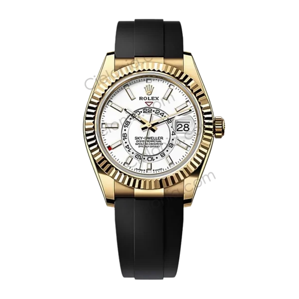 Rolex Sky‑Dweller Yello gold plated 904L stainless steel case with White dial and black soft rubber strap