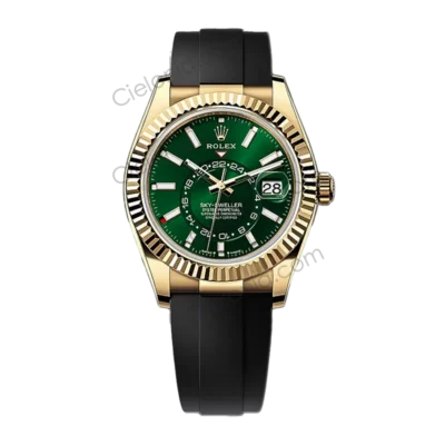 M336238 0004 Rolex Sky‑Dweller Yello gold plated 904L stainless steel case with Green dial and black soft rubber strap