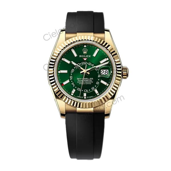 Rolex Sky‑Dweller Yello gold plated 904L stainless steel case with Green dial and black soft rubber strap