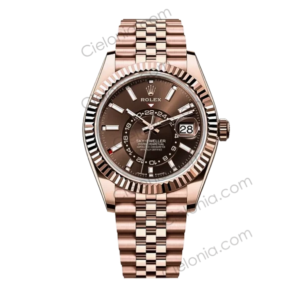 Rolex Sky‑Dweller Rose gold plated 904L stainless steel case with Chocolate dial and Jubilee Bracelet