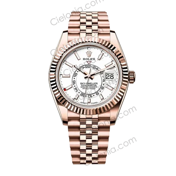 Rolex Sky‑Dweller Rose gold plated 904L stainless steel case with White dial and Jubilee Bracelet