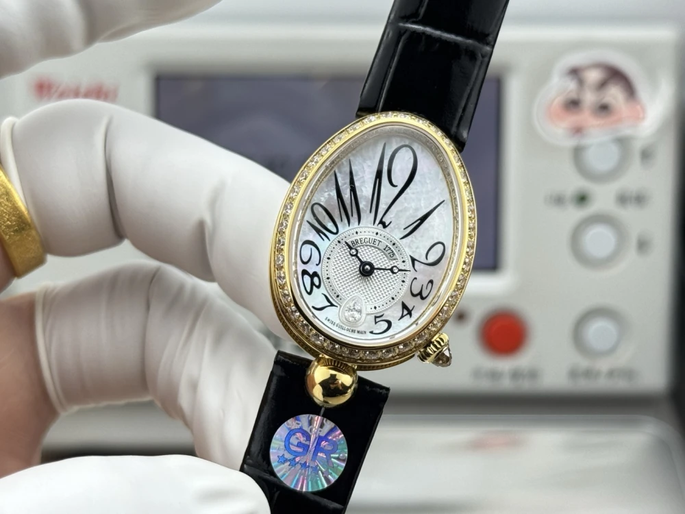 Reine de Naples 8918BA White Dial And Diamonds Bezel on Black Leather Strap GRF 1:1 Best Edition 4 Close-up of Breguet 8918BR White Dial with Diamond at 6 O'clock