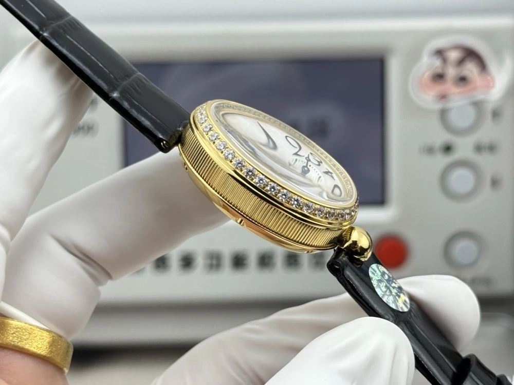 Reine de Naples 8918BA White Dial And Diamonds Bezel on Black Leather Strap GRF 1:1 Best Edition 5 Side Profile of Breguet Reine de Naples 8918BR 18K Gold Watch with Diamond Bezel