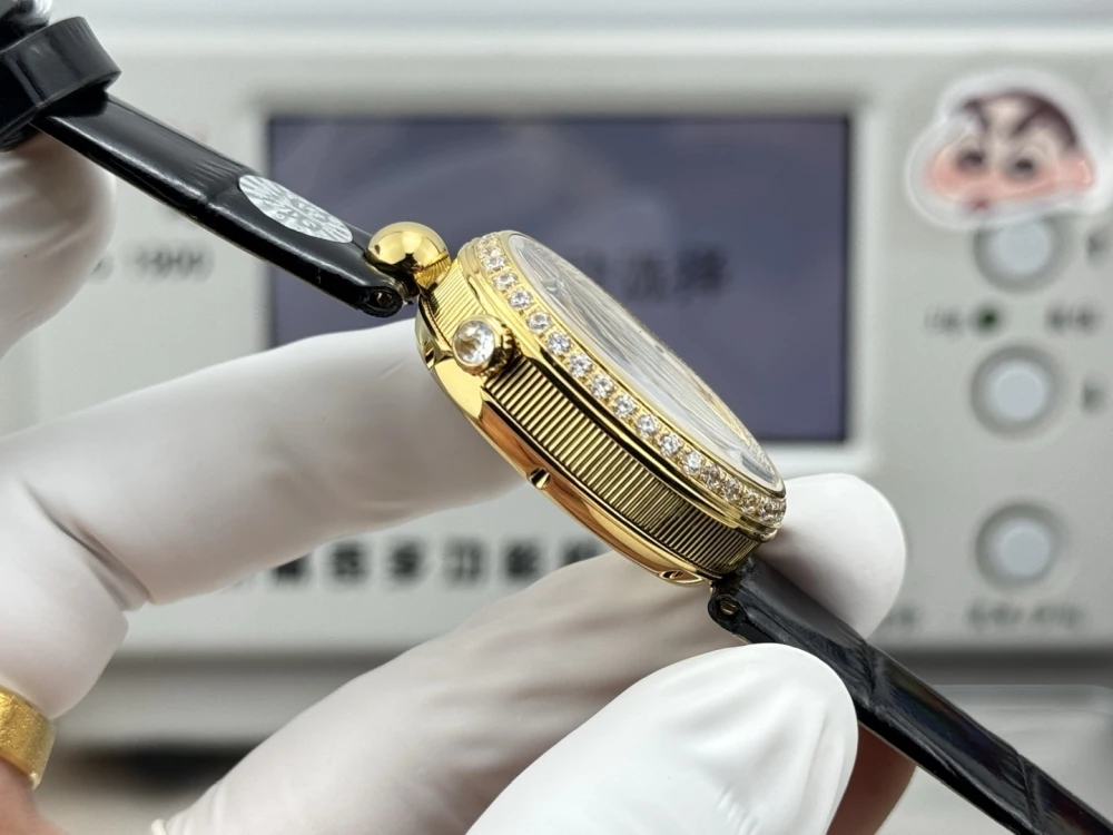 Reine de Naples 8918BA White Dial And Diamonds Bezel on Black Leather Strap GRF 1:1 Best Edition 6 Breguet 8918BR 18K Gold Watch Case with Fluted Sides and Diamond Crown