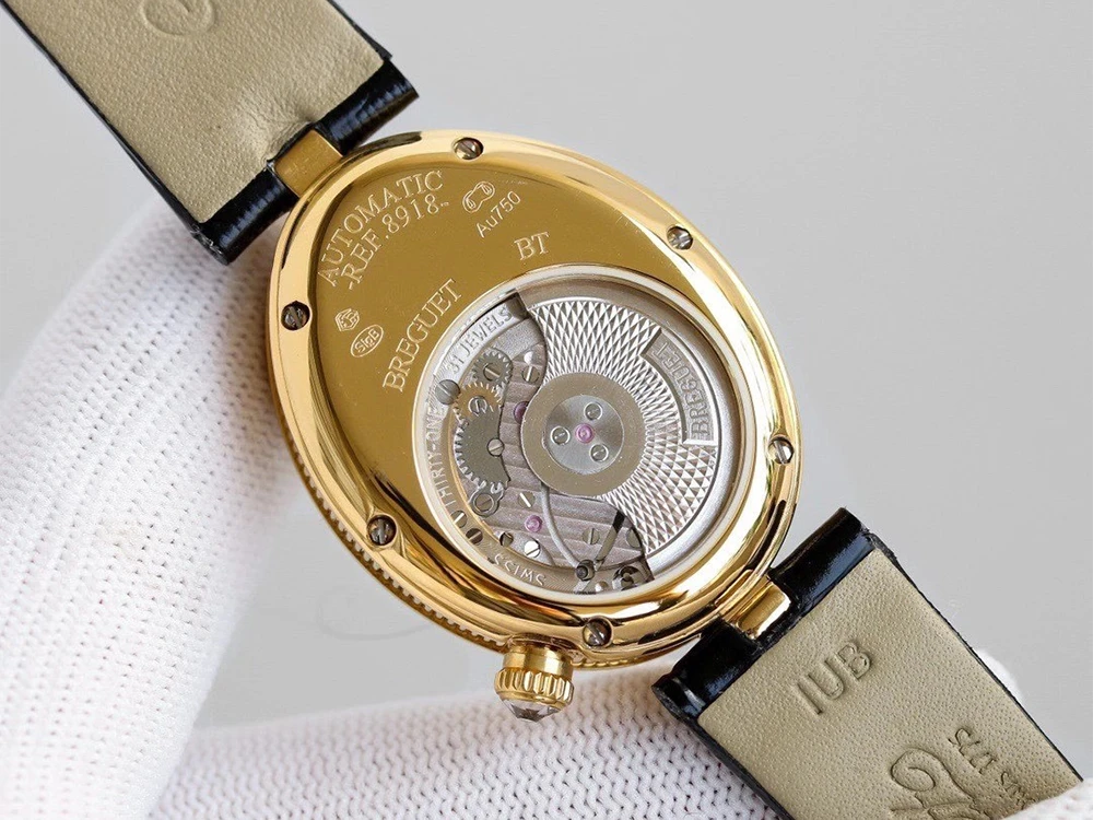 Reine de Naples 8918BA White Dial And Diamonds Bezel on Black Leather Strap GRF 1:1 Best Edition 7 Breguet 8918BR Watch Case Back with Engraved Markings and Automatic Movement