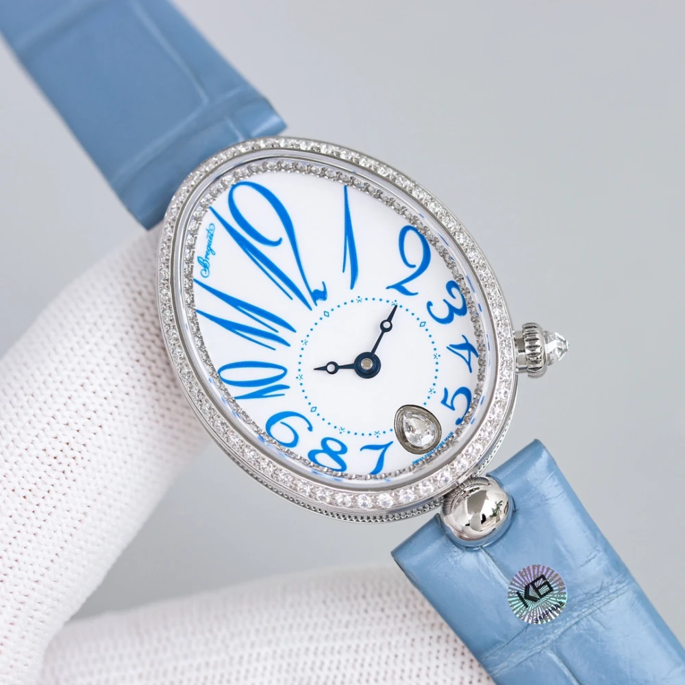 Reine de Naples 8918BB White Dial And Diamonds Bezel on Sky Blue Leather Strap GRF 1:1 Best Edition 3 Breguet 8918BB Silver Ladies Watch with Sky Blue Leather Strap