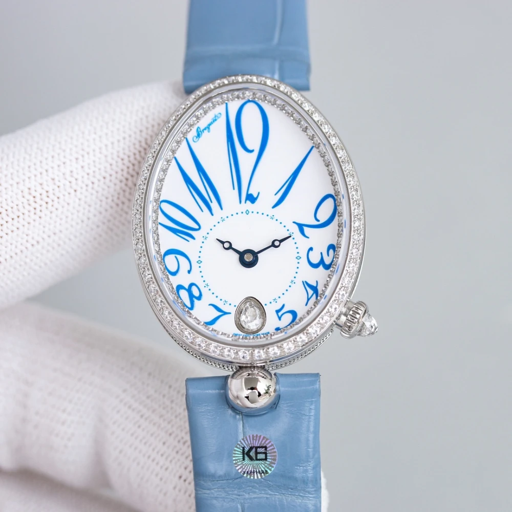 Reine de Naples 8918BB White Dial And Diamonds Bezel on Sky Blue Leather Strap GRF 1:1 Best Edition 2 Breguet Reine de Naples 8918BB Silver Watch with Diamond Bezel , White Dial Sky Blue leather strap