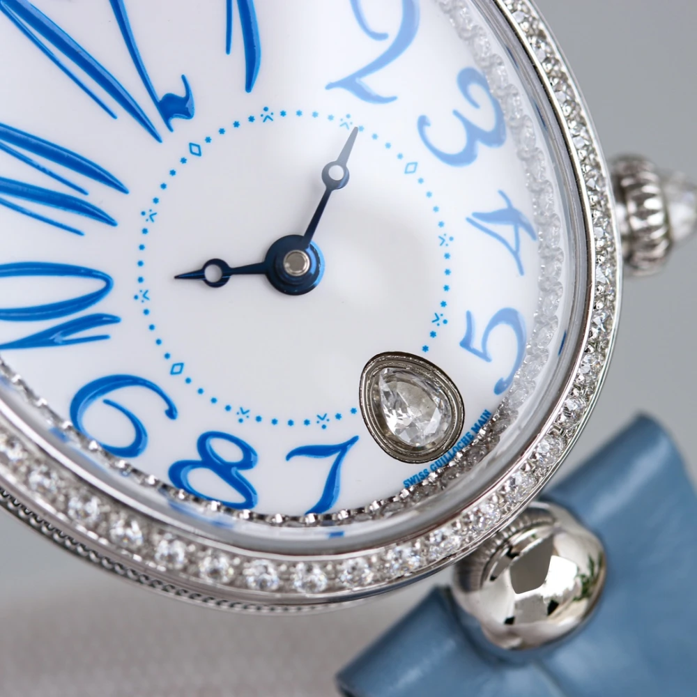 Reine de Naples 8918BB White Dial And Diamonds Bezel on Sky Blue Leather Strap GRF 1:1 Best Edition 4 Side Profile of Breguet Reine de Naples 8918BB Silver Watch with Diamond Bezel