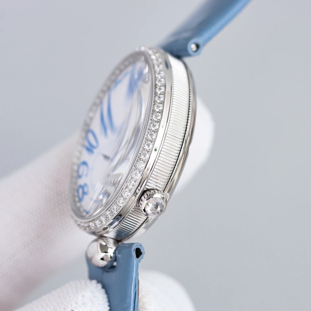 Reine de Naples 8918BB White Dial And Diamonds Bezel on Sky Blue Leather Strap GRF 1:1 Best Edition 5 Breguet 8918BB Silver Watch Case with Fluted Sides and Diamond Crown