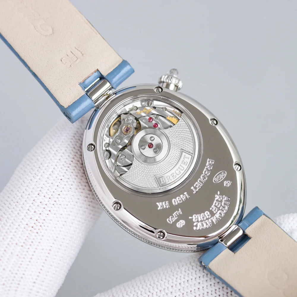 Reine de Naples 8918BB White Dial And Diamonds Bezel on Sky Blue Leather Strap GRF 1:1 Best Edition 6 Breguet 8918BB Watch Case Back with Engraved Markings and Automatic Movement