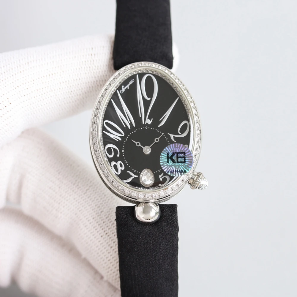 Reine de Naples 8918BB Black Dial And Diamonds Bezel on Black Silk Strap GRF 1:1 Best Edition 2 Breguet Reine de Naples 8918BB Silver Watch with Diamond Bezel , Black Dial black Silk Wrapped Lambskin strap