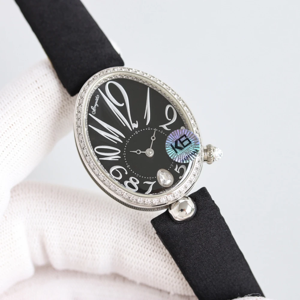 Reine de Naples 8918BB Black Dial And Diamonds Bezel on Black Silk Strap GRF 1:1 Best Edition 3 Breguet 8918BB Silver Ladies Watch with Black Silk Wrapped Lambskin Strap