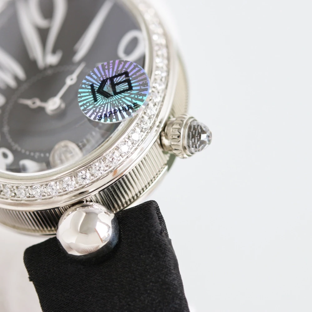 Reine de Naples 8918BB Black Dial And Diamonds Bezel on Black Silk Strap GRF 1:1 Best Edition 6 Breguet 8918BB Silver Watch Case with Fluted Sides and Diamond Crown