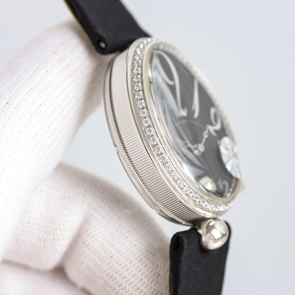 Reine de Naples 8918BB Black Dial And Diamonds Bezel on Black Silk Strap GRF 1:1 Best Edition 5 Side Profile of Breguet Reine de Naples 8918BB Silver Watch with Diamond Bezel