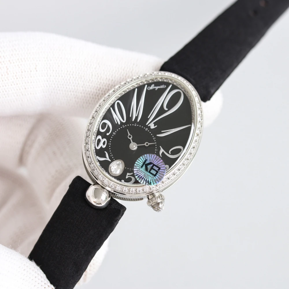 Reine de Naples 8918BB Black Dial And Diamonds Bezel on Black Silk Strap GRF 1:1 Best Edition 4 Close-up of Breguet 8918BB Black Dial with Diamond at 6 O'clock