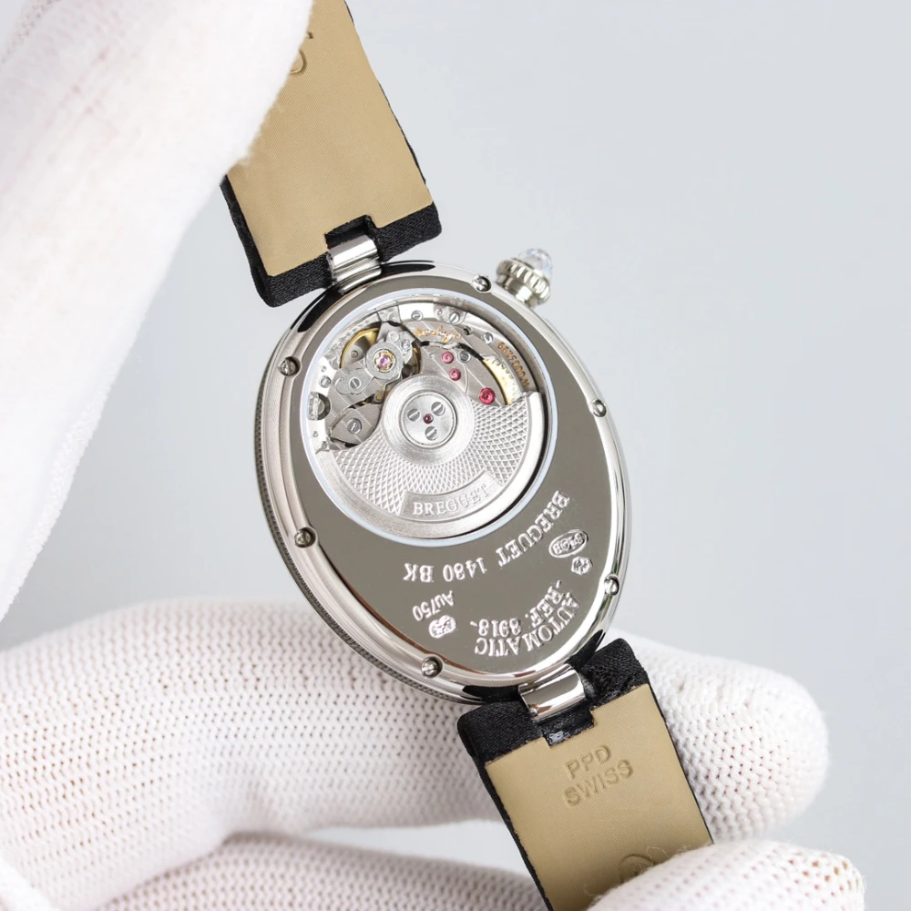 Reine de Naples 8918BB Black Dial And Diamonds Bezel on Black Silk Strap GRF 1:1 Best Edition 7 Breguet 8918BB Watch Case Back with Engraved Markings and Automatic Movement