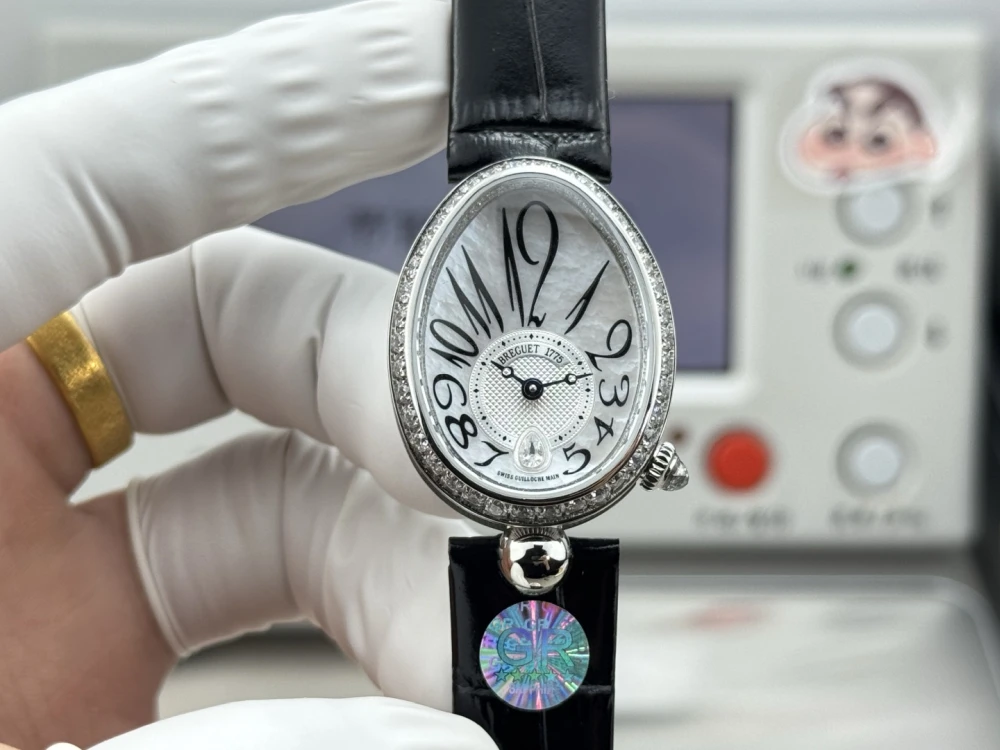 Reine de Naples 8918BB White Pearl Dial And Diamonds Bezel on Black Leather Strap GRF 1:1 Best Edition 2 Breguet Reine de Naples 8918BB Silver Watch with Diamond Bezel , Mother of Pearl Dial black leather strap