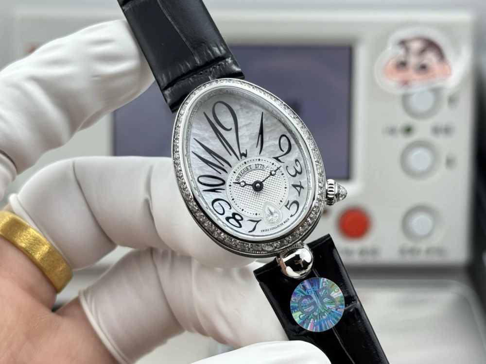 Reine de Naples 8918BB White Pearl Dial And Diamonds Bezel on Black Leather Strap GRF 1:1 Best Edition 3 Breguet 8918BB Silver Ladies Watch with Black Leather Strap