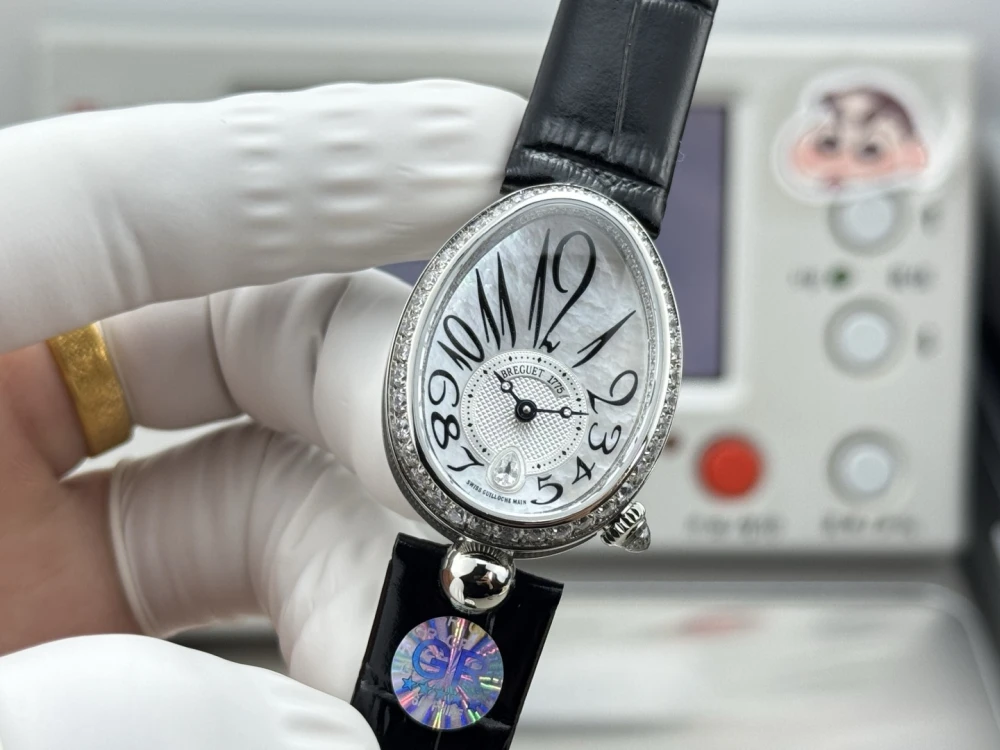Reine de Naples 8918BB White Pearl Dial And Diamonds Bezel on Black Leather Strap GRF 1:1 Best Edition 4 Close-up of Breguet 8918BB White Pearl Dial with Diamond at 6 O'clock